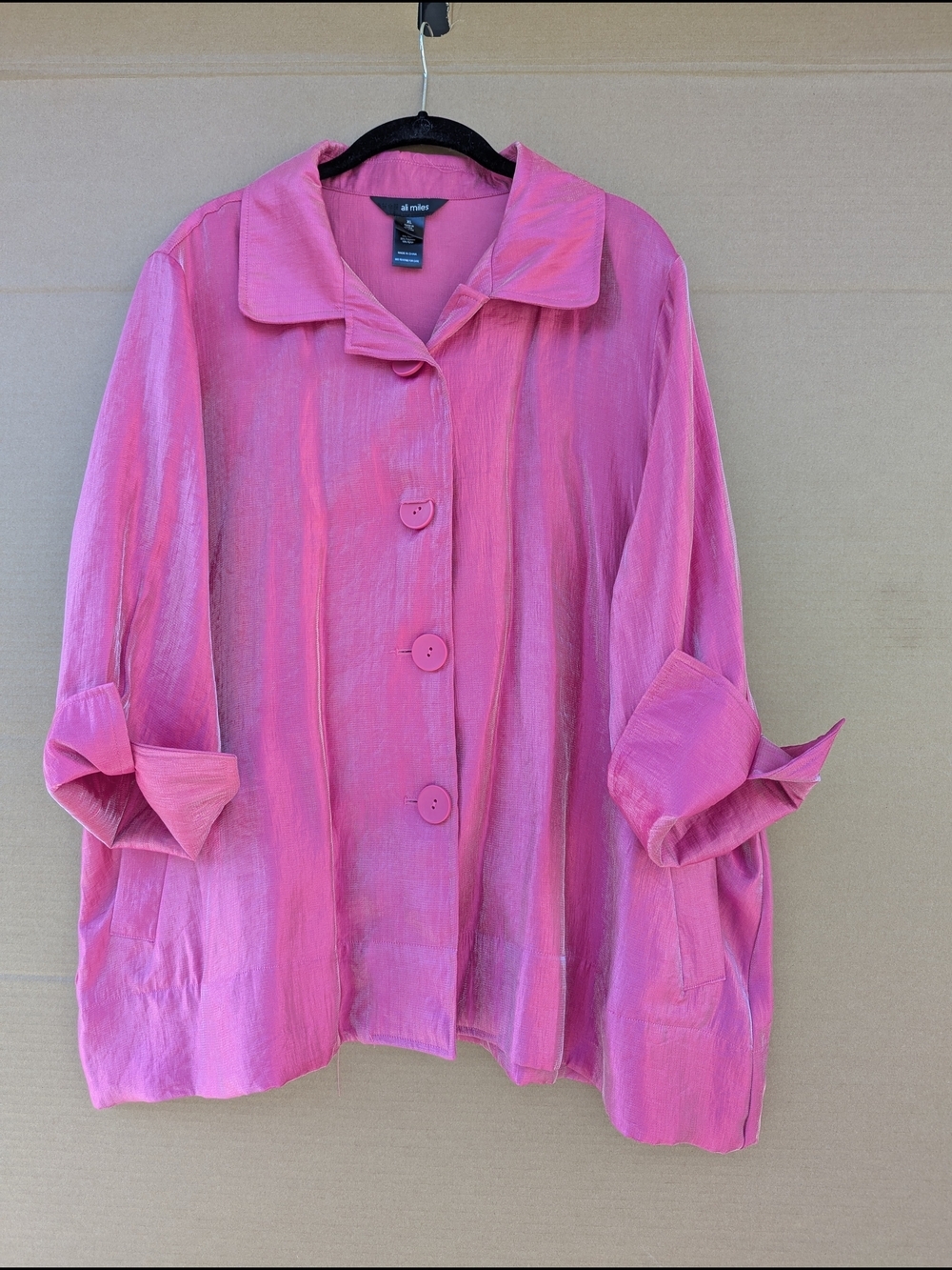 Ali Miles Jacket Top Oversized Pink Shimmer Iridescent Button Front Women XL